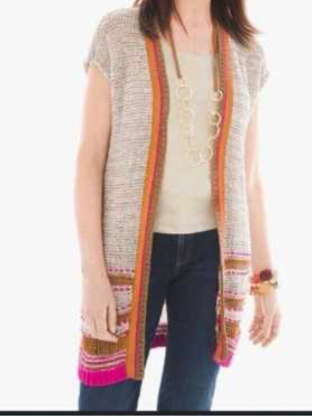 Chico's Beige Knit Vest with Pink and Gold Trim. Size 2